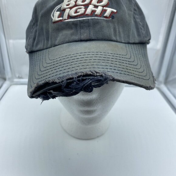 Bud Light Logo Tattered Worn Faded Gray Cap Hat Flex-Fit Stretch OSFM - Picture 9 of 11